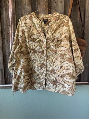 Erika Beige, Olive & Tan Abstract Button-Front Blouse